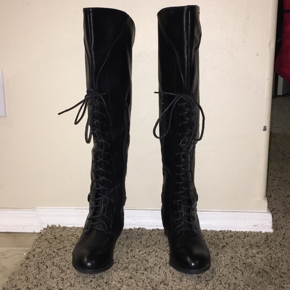 Black lace up faux leather boots